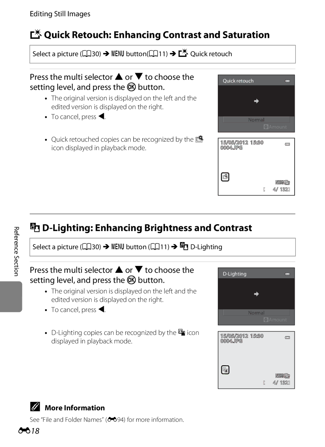 Nikon P310 manual KQuick Retouch Enhancing Contrast and Saturation, ID-Lighting Enhancing Brightness and Contrast, E18 