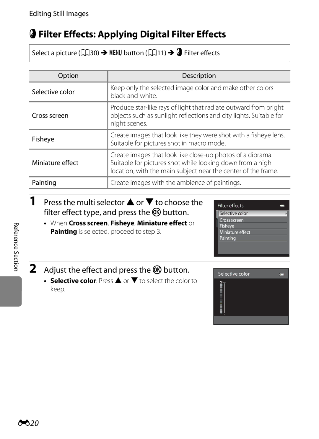 Nikon P310 manual PFilter Effects Applying Digital Filter Effects, Adjust the effect and press the kbutton, E20 