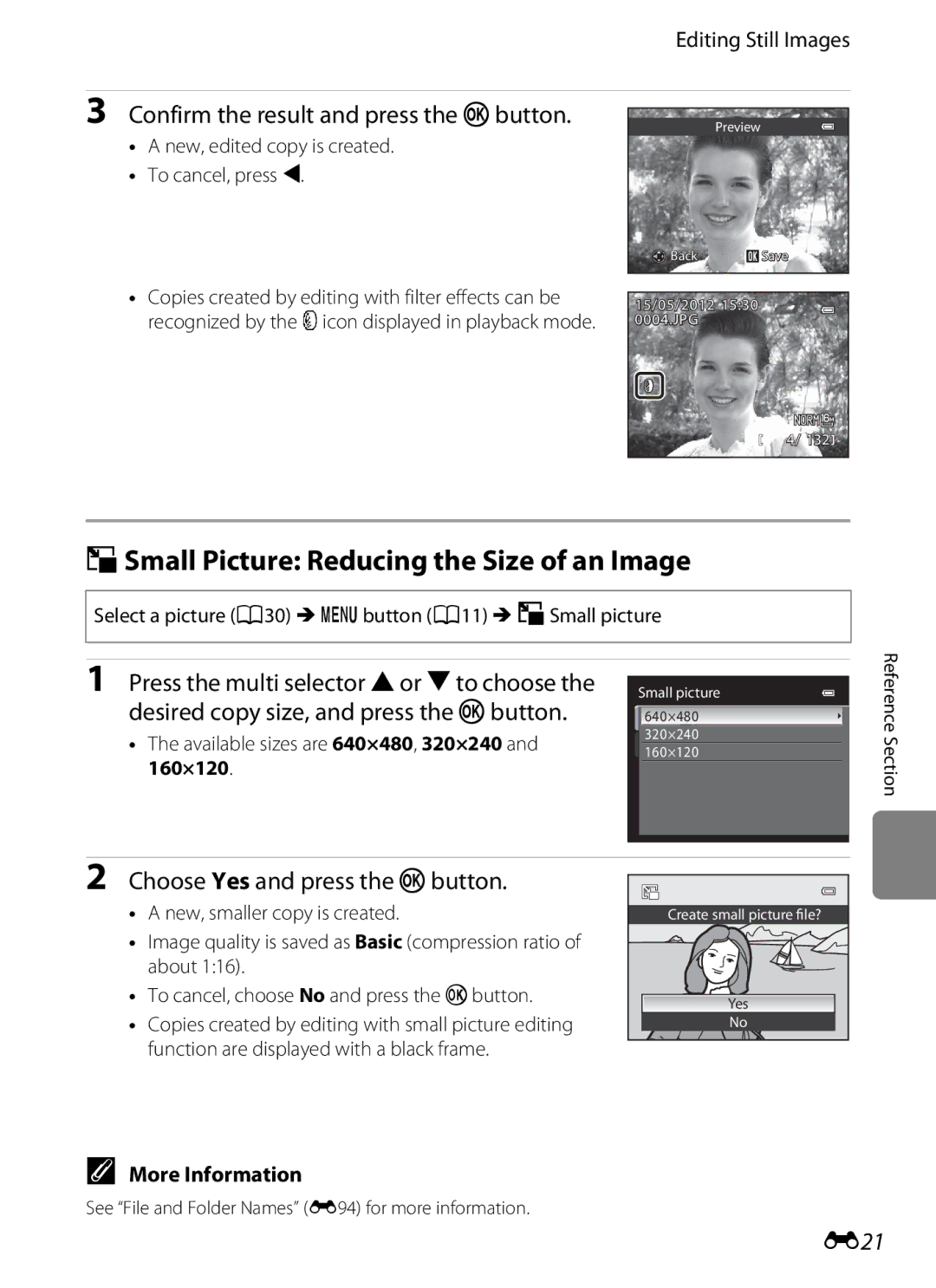 Nikon P310 manual GSmall Picture Reducing the Size of an Image, Confirm the result and press the kbutton, E21 