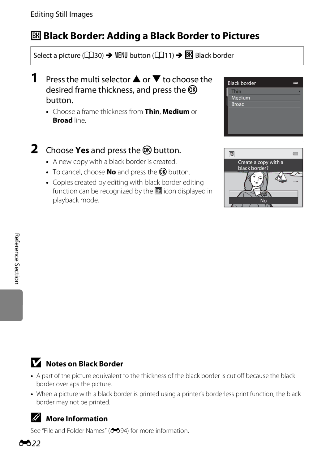 Nikon P310 manual JBlack Border Adding a Black Border to Pictures, E22, Select a picture A30 Mdbutton A11 MjBlack border 