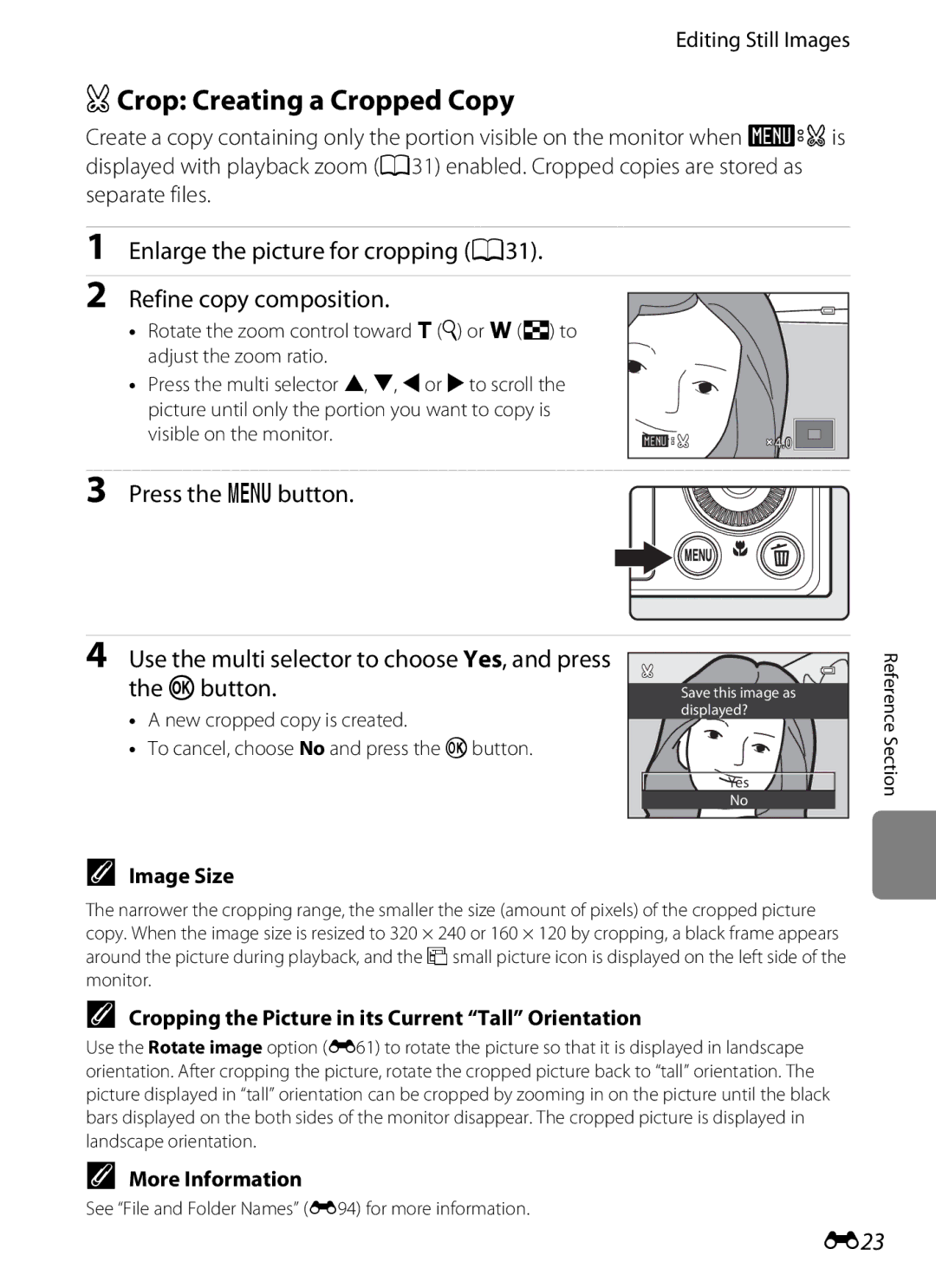 Nikon P310 ACrop Creating a Cropped Copy, Press the dbutton, Use the multi selector to choose Yes, and press, Kbutton, E23 