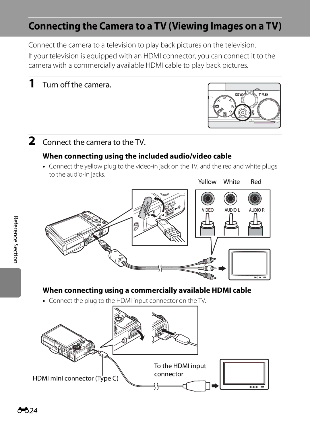 Nikon P310 Turn off the camera Connect the camera to the TV, E24, When connecting using the included audio/video cable 