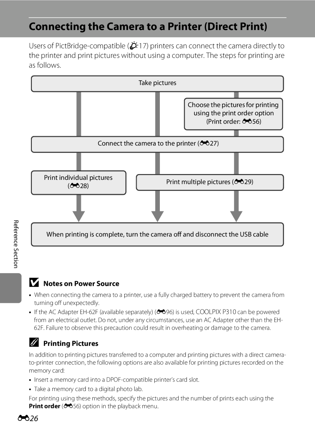 Nikon P310 manual Connecting the Camera to a Printer Direct Print, E26, Printing Pictures, Take pictures 