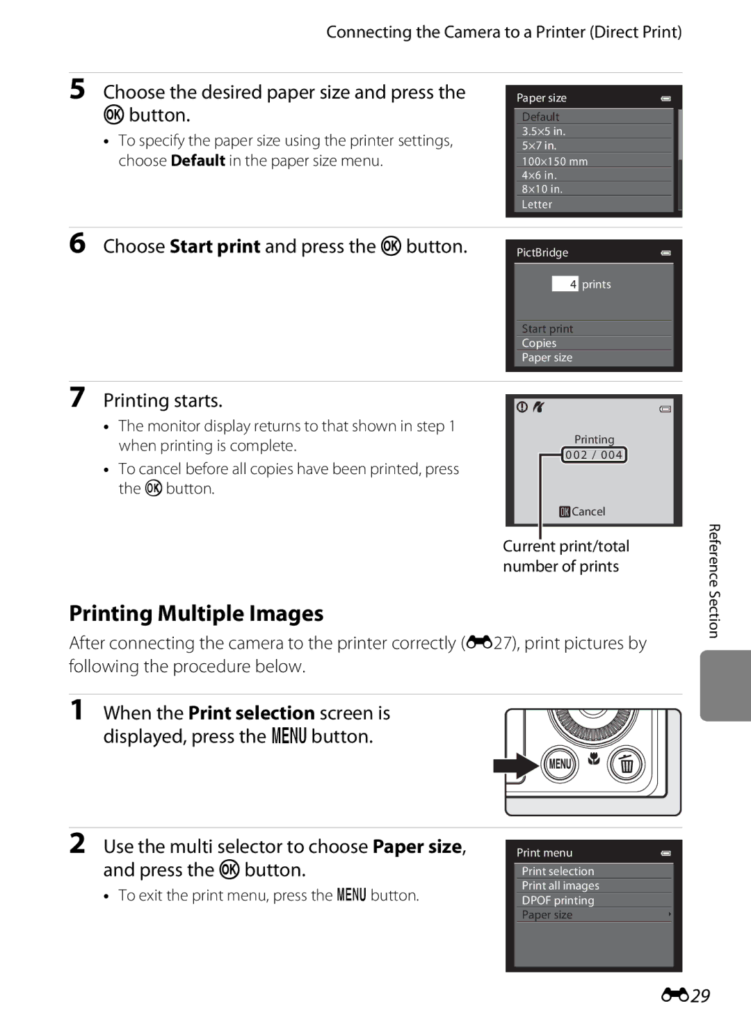 Nikon P310 manual Printing Multiple Images, Choose the desired paper size and press Button, Printing starts, E29 