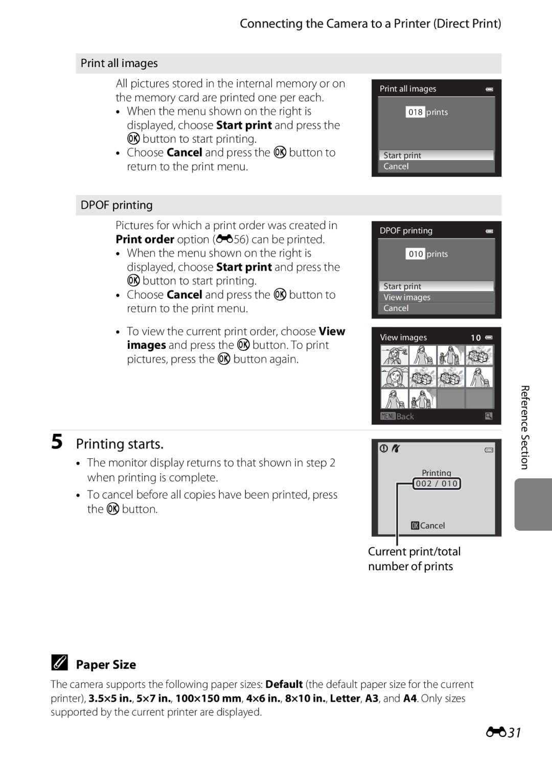 Nikon P310 manual E31, Paper Size, Print all images, Current print/total number of prints 