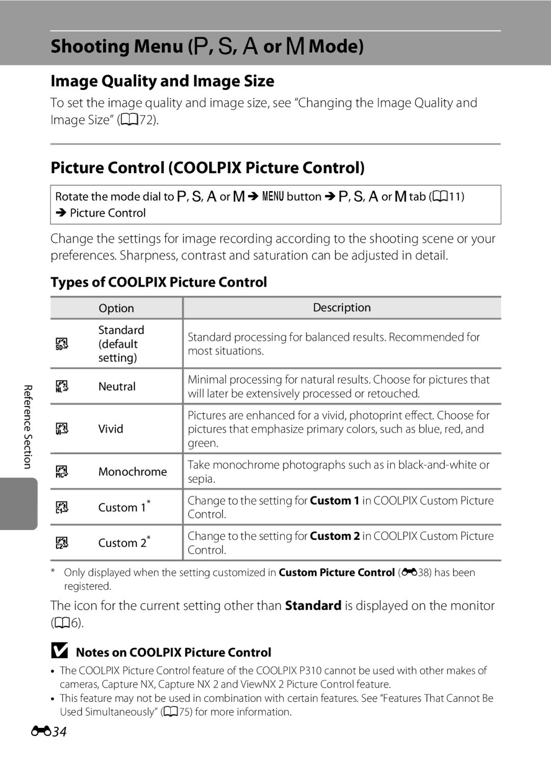 Nikon P310 Shooting Menu A, B, C or D Mode, Image Quality and Image Size, Picture Control Coolpix Picture Control, E34 