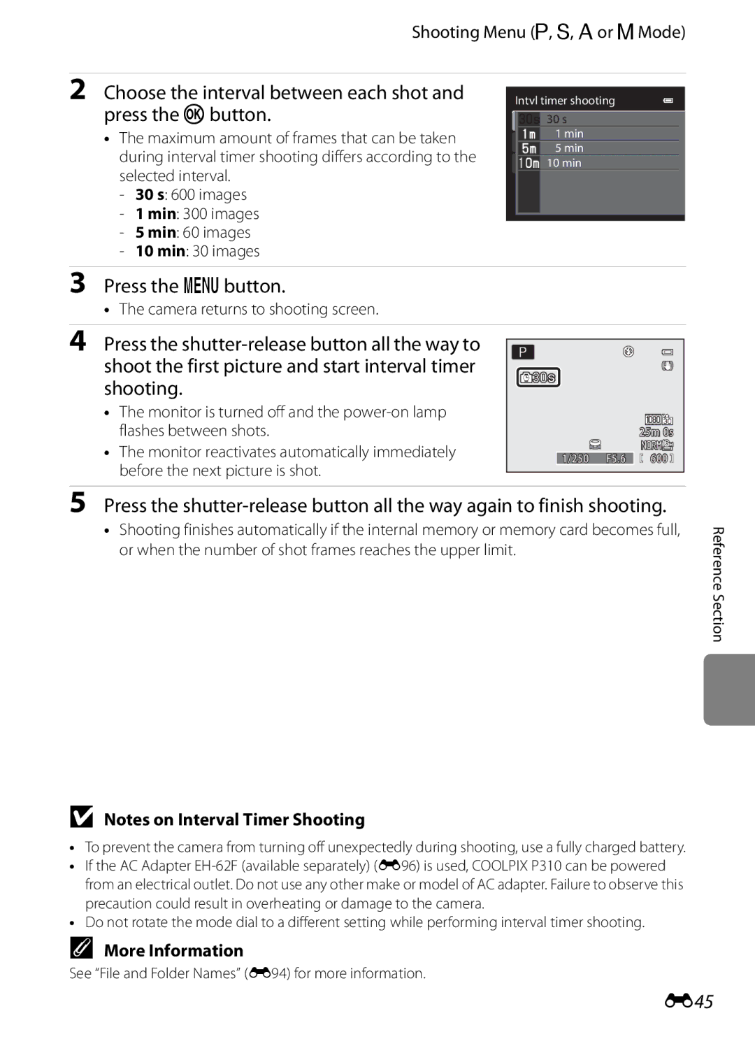 Nikon P310 manual Choose the interval between each shot and press the kbutton, E45, Camera returns to shooting screen 