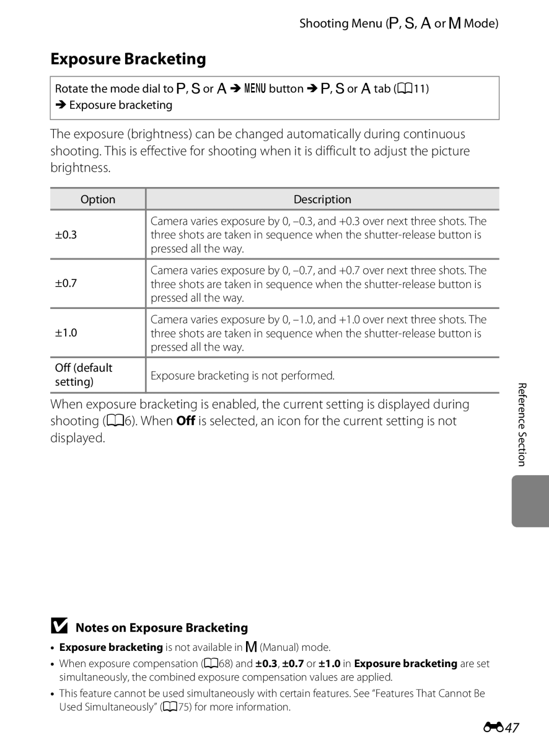 Nikon P310 manual Exposure Bracketing, E47 