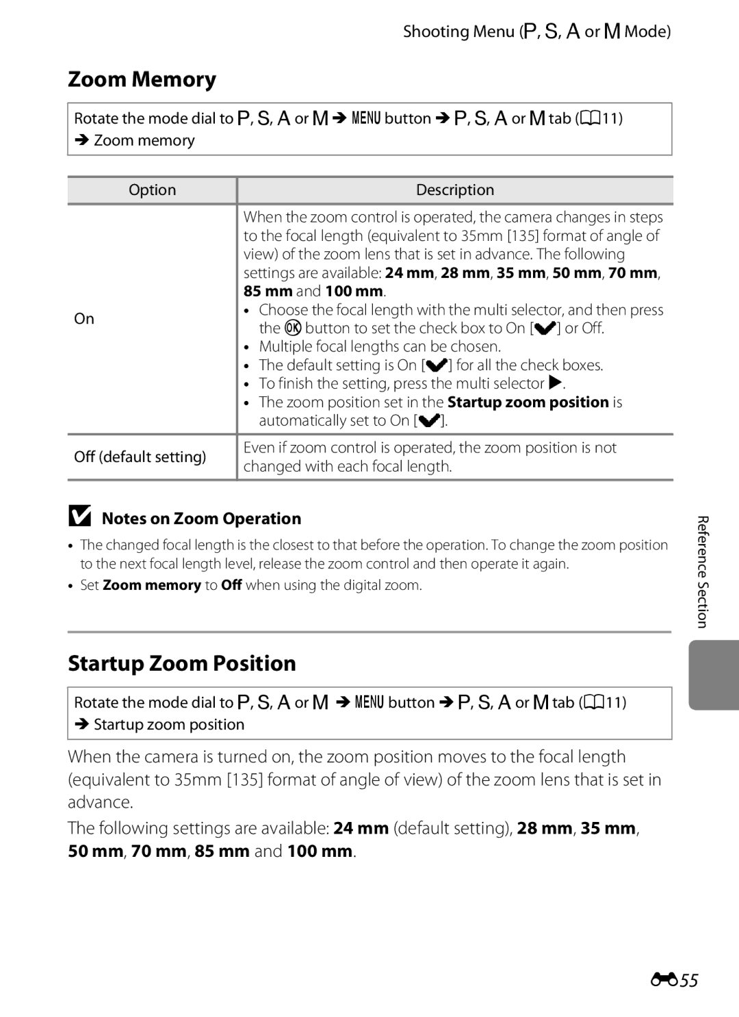 Nikon P310 manual Zoom Memory, Startup Zoom Position, E55, Mm and 100 mm 