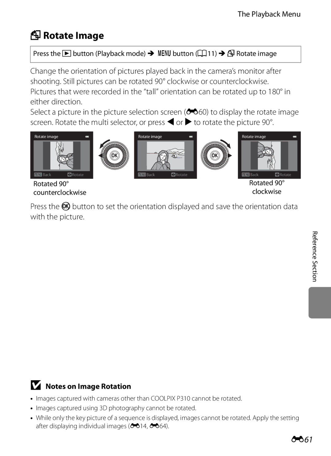 Nikon P310 manual FRotate Image, E61, Rotated Clockwise 