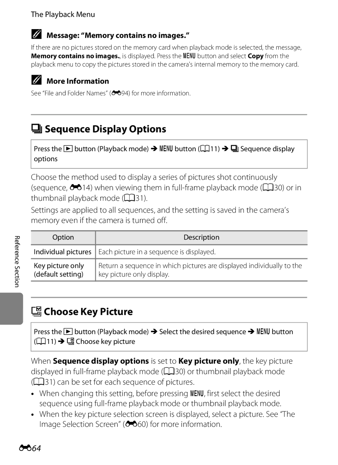 Nikon P310 manual CSequence Display Options, XChoose Key Picture, E64, Message Memory contains no images 