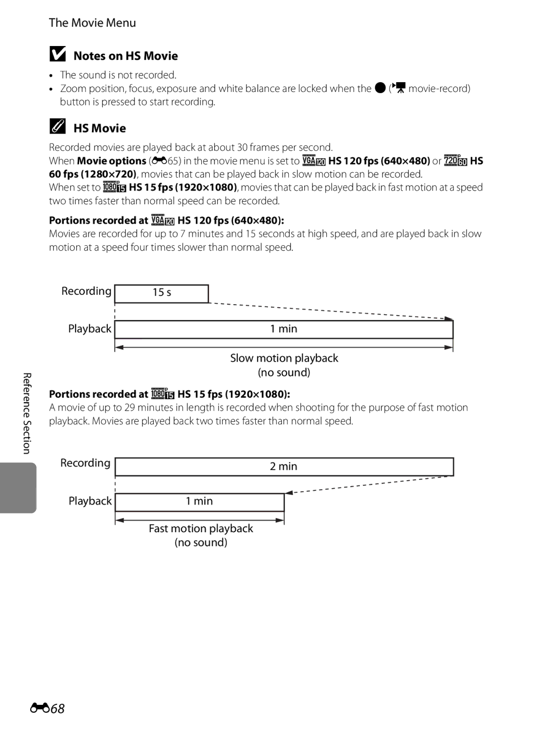 Nikon P310 manual E68, HS Movie, s Playback Min Slow motion playback No sound, Min Fast motion playback No sound 