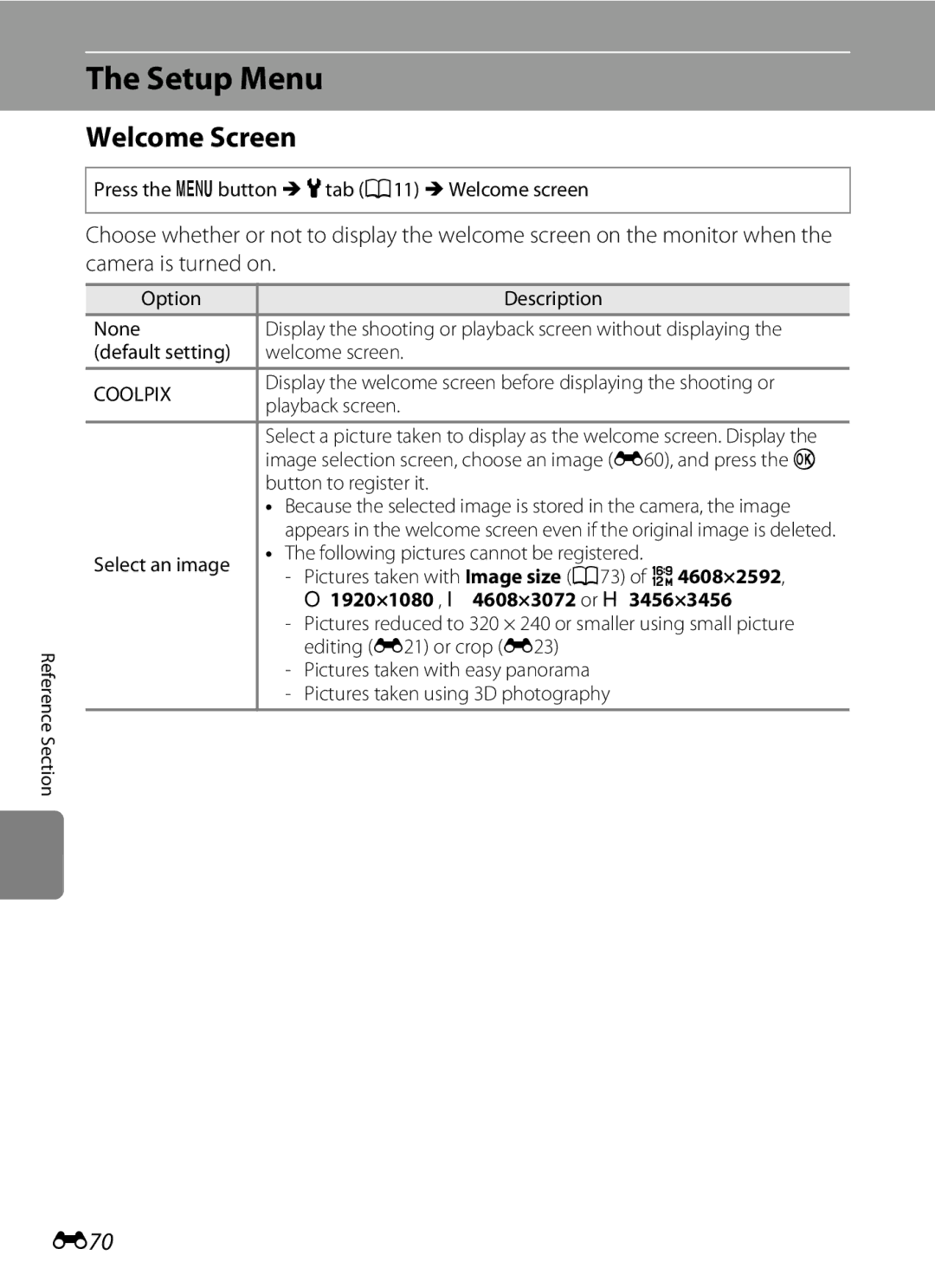 Nikon P310 manual Welcome Screen, E70, O1920×1080 , I4608×3072 or H3456×3456 