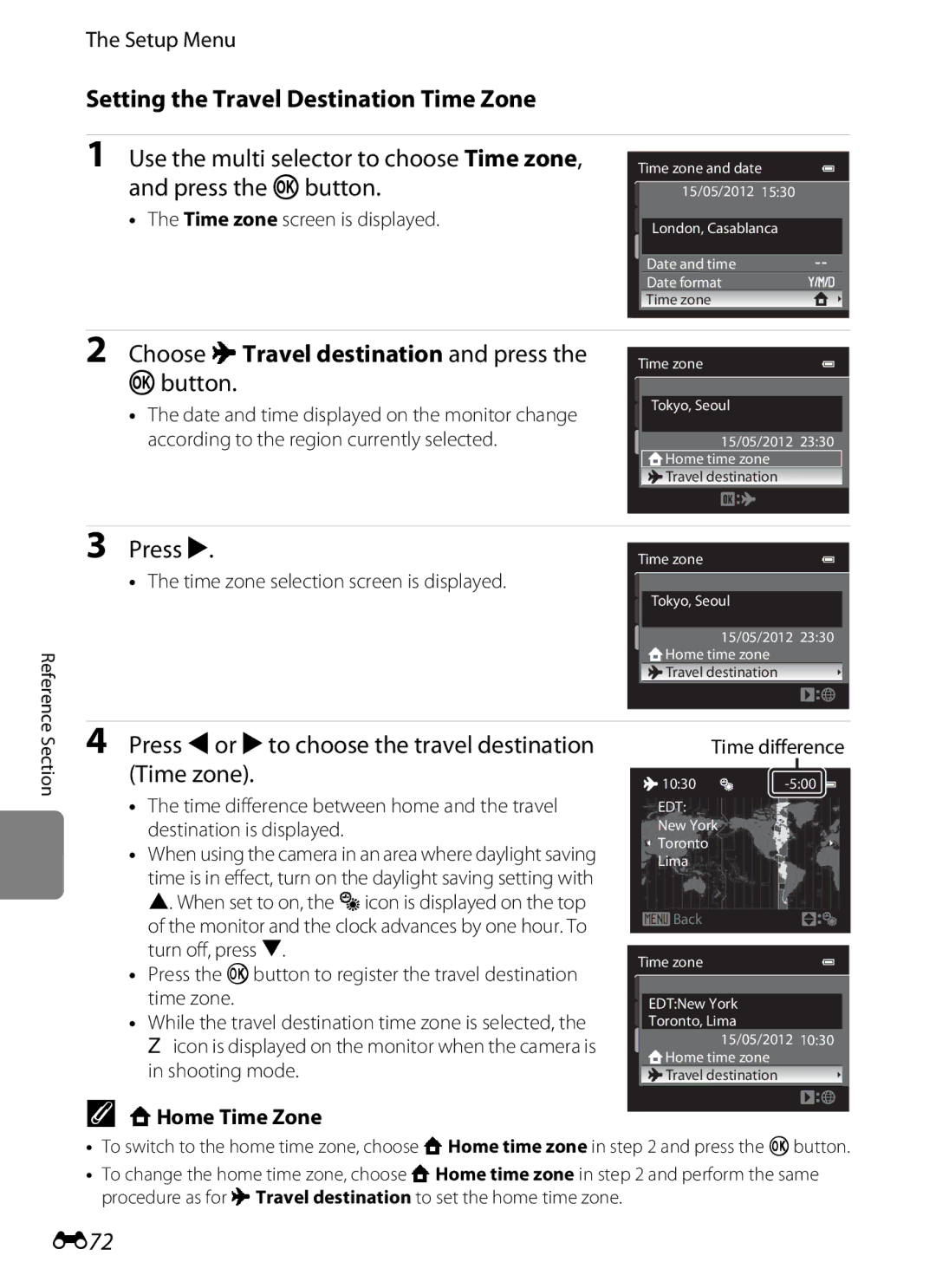 Nikon P310 Setting the Travel Destination Time Zone, Choose xTravel destination and press Button, E72, WHome Time Zone 