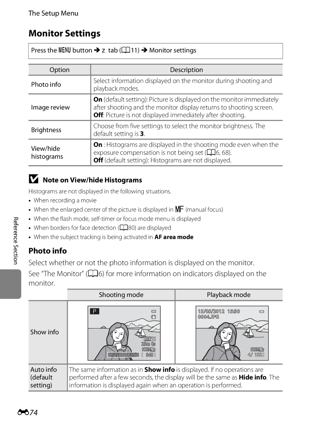 Nikon P310 manual Monitor Settings, Photo info, E74 