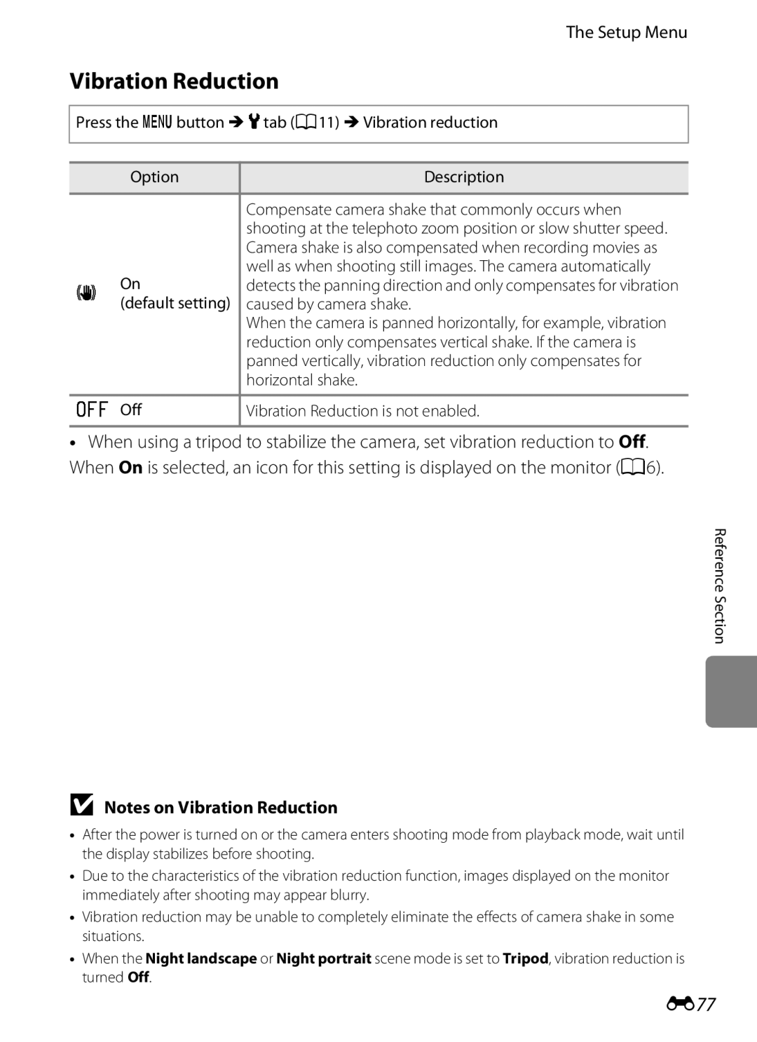 Nikon P310 manual Vibration Reduction, E77, Caused by camera shake, Horizontal shake 