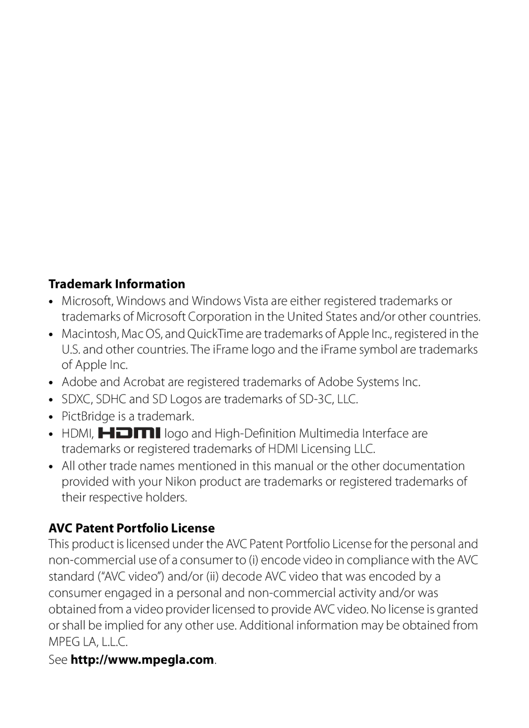 Nikon P310 manual Trademark Information, AVC Patent Portfolio License 