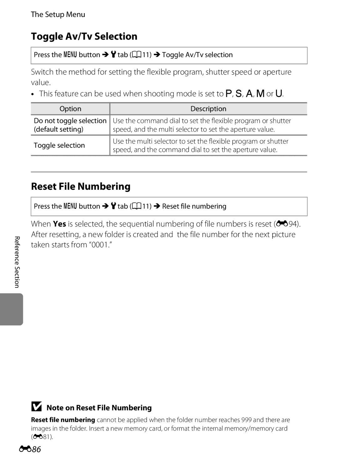 Nikon P310 manual Toggle Av/Tv Selection, Reset File Numbering, E86 