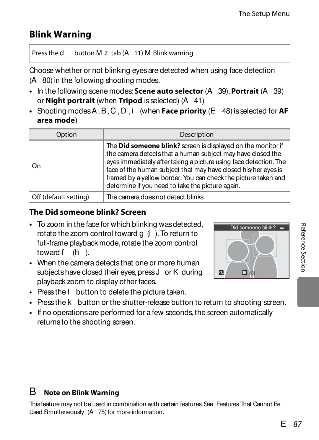 Nikon P310 manual Blink Warning, Did someone blink? Screen, E87 