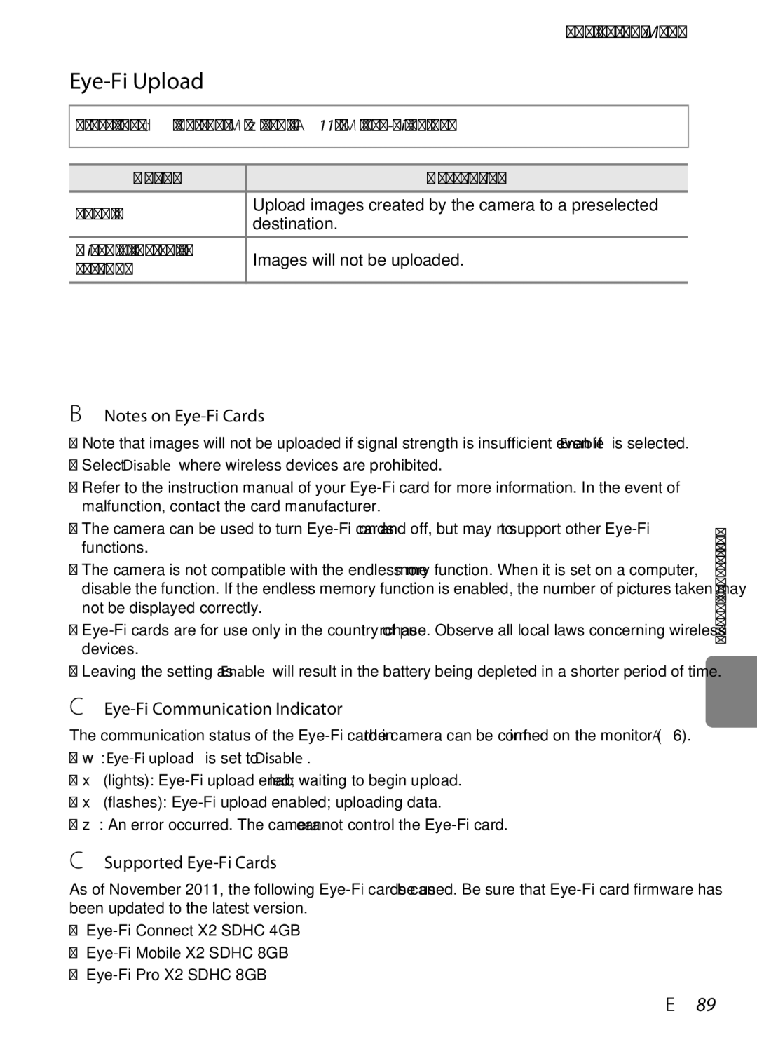 Nikon P310 manual Eye-Fi Upload, E89, Eye-Fi Communication Indicator, Supported Eye-Fi Cards 