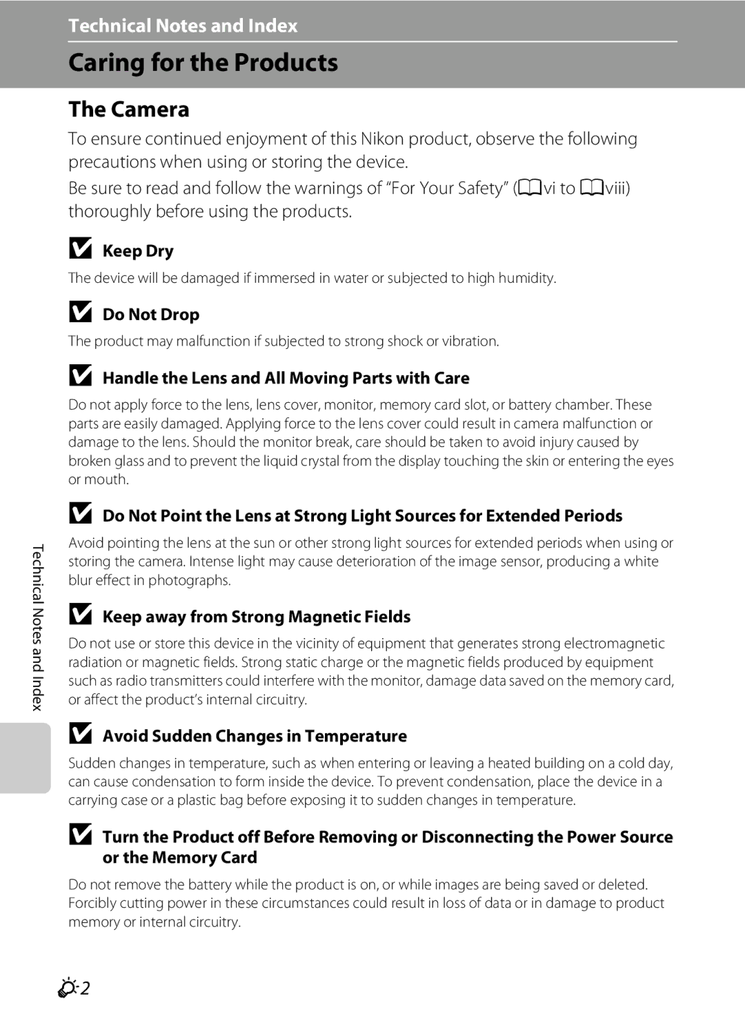 Nikon P310 manual Caring for the Products, Camera 