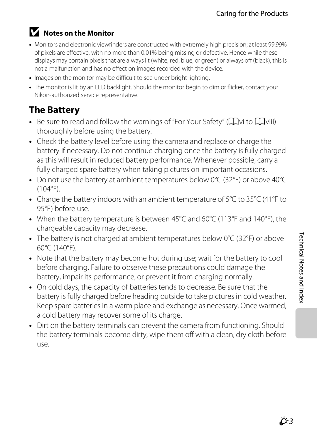 Nikon P310 manual Battery, Caring for the Products 