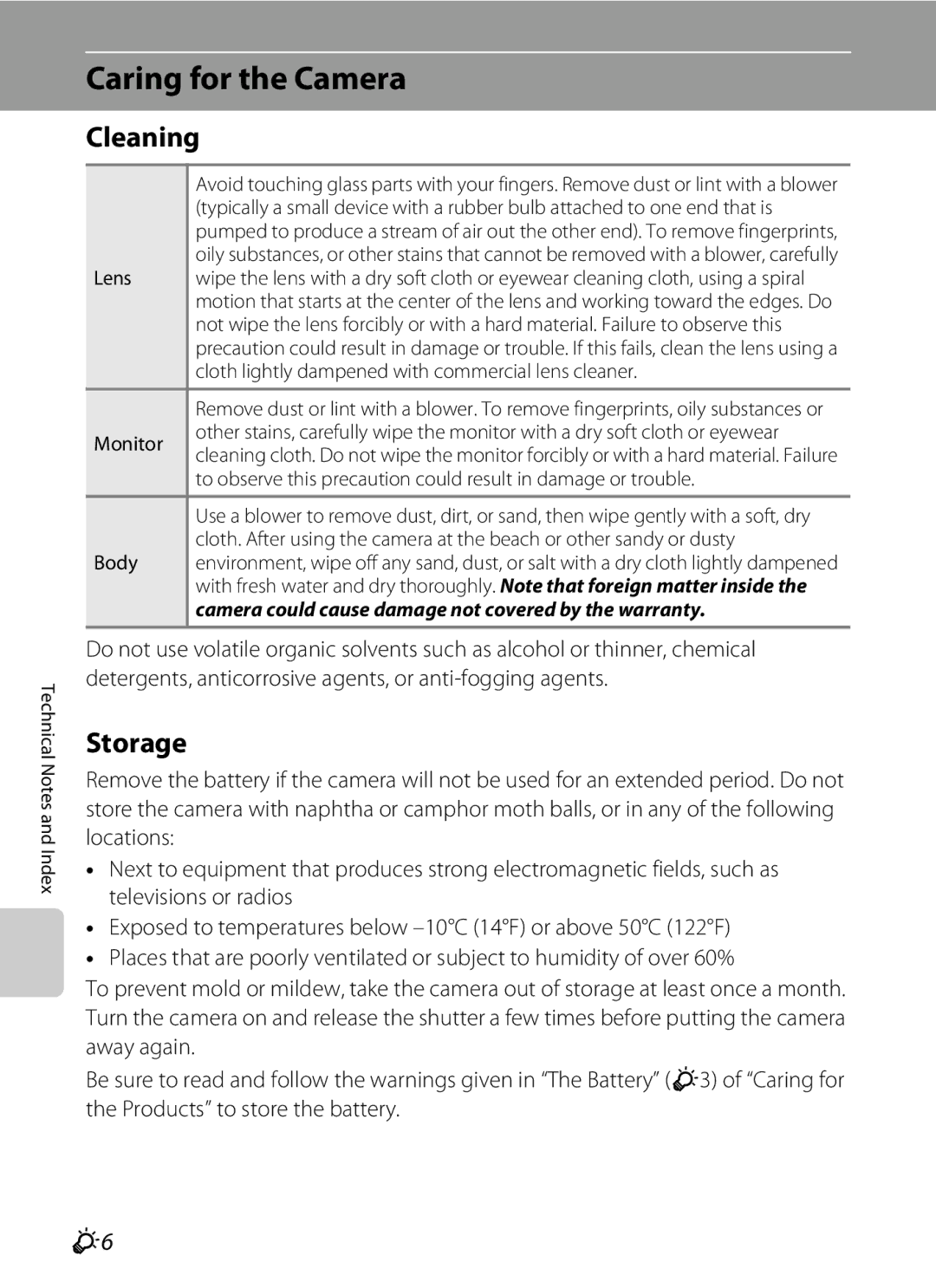 Nikon P310 manual Caring for the Camera, Cleaning, Storage, Cloth lightly dampened with commercial lens cleaner, Monitor 