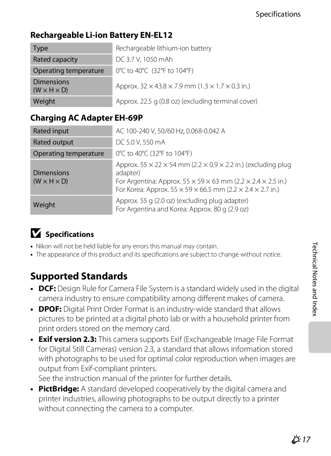 Nikon P310 manual Supported Standards, Rechargeable Li-ion Battery EN-EL12, Charging AC Adapter EH-69P, F17, Specifications 