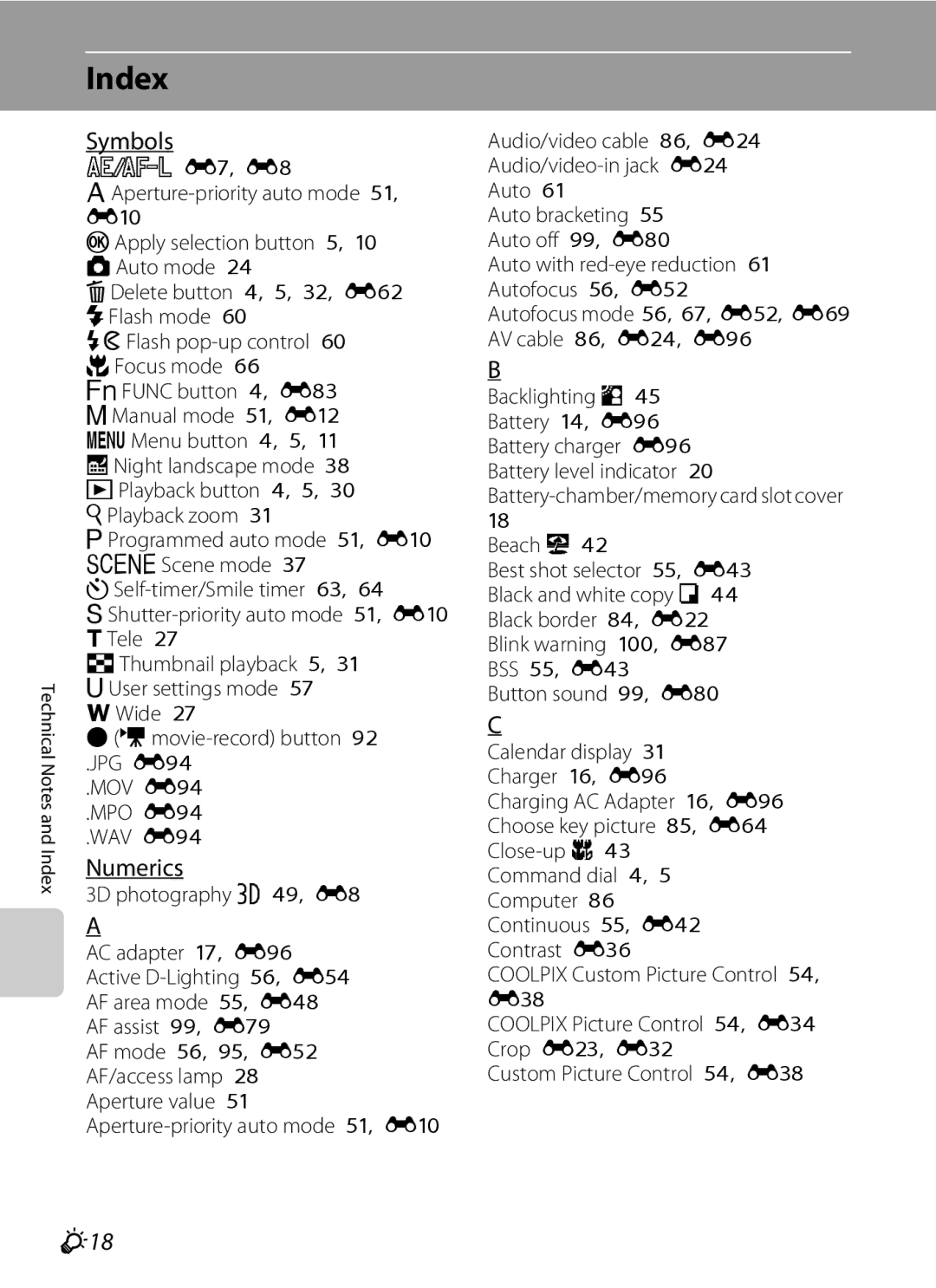 Nikon P310 manual Index, Symbols, Numerics, F18, Calendar display 31 Charger 16, E96 