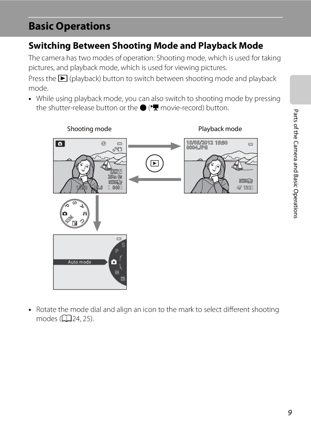 Nikon P310 manual Basic Operations, Switching Between Shooting Mode and Playback Mode, Shooting mode 