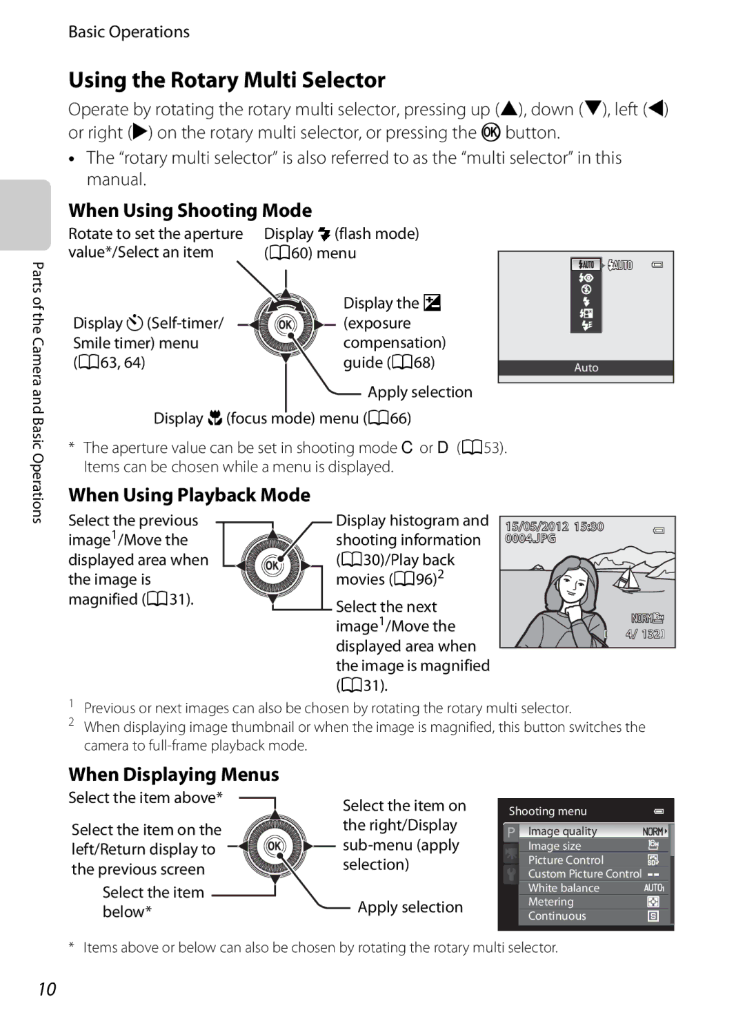 Nikon P310 Using the Rotary Multi Selector, When Using Shooting Mode, When Using Playback Mode, When Displaying Menus 