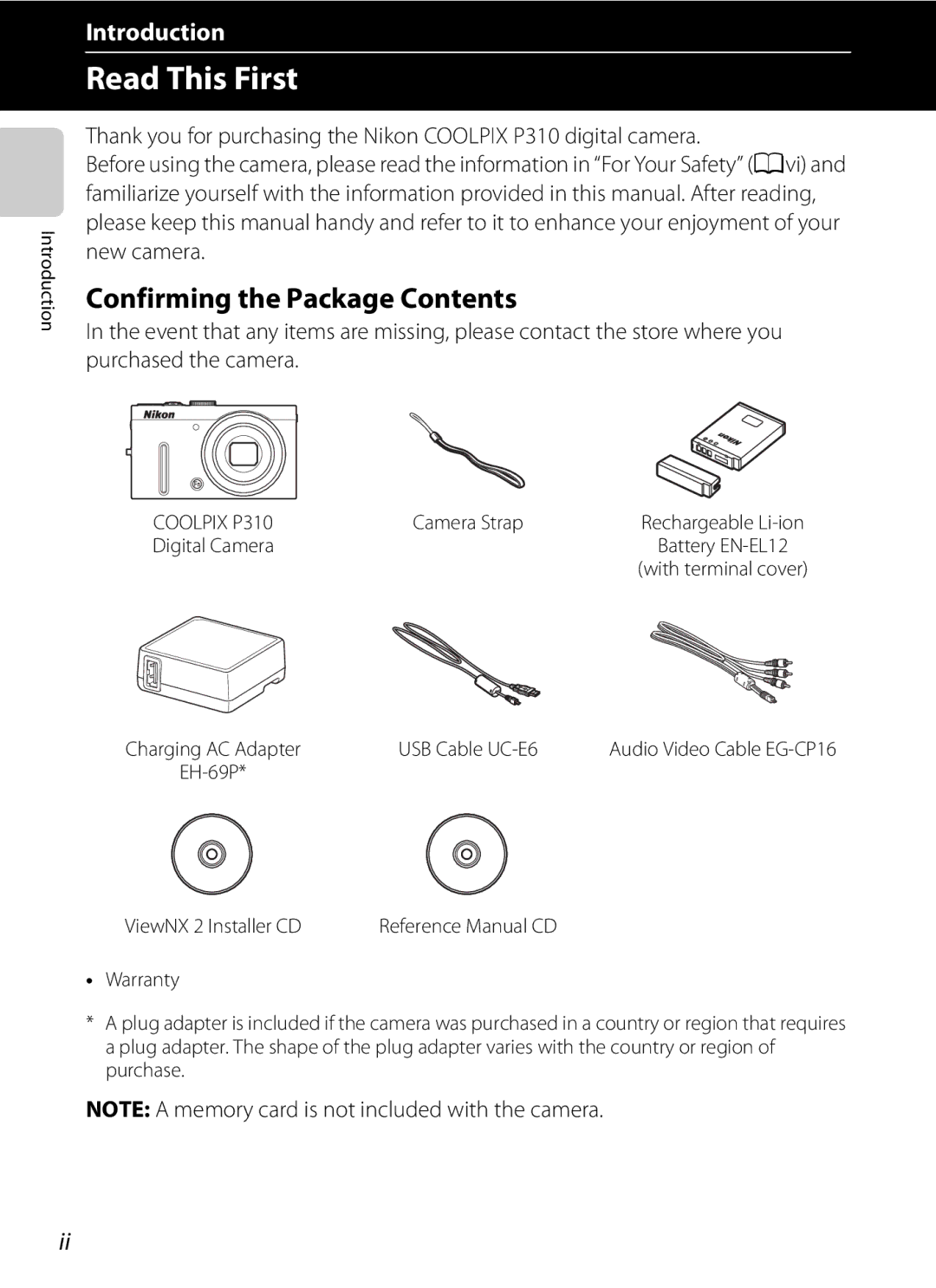 Nikon P310 manual Read This First, Confirming the Package Contents 