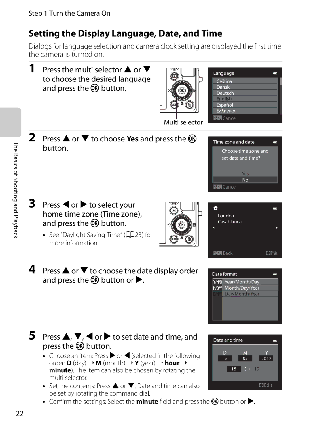 Nikon P310 manual Setting the Display Language, Date, and Time, Press Hor Ito choose Yes and press the k button 