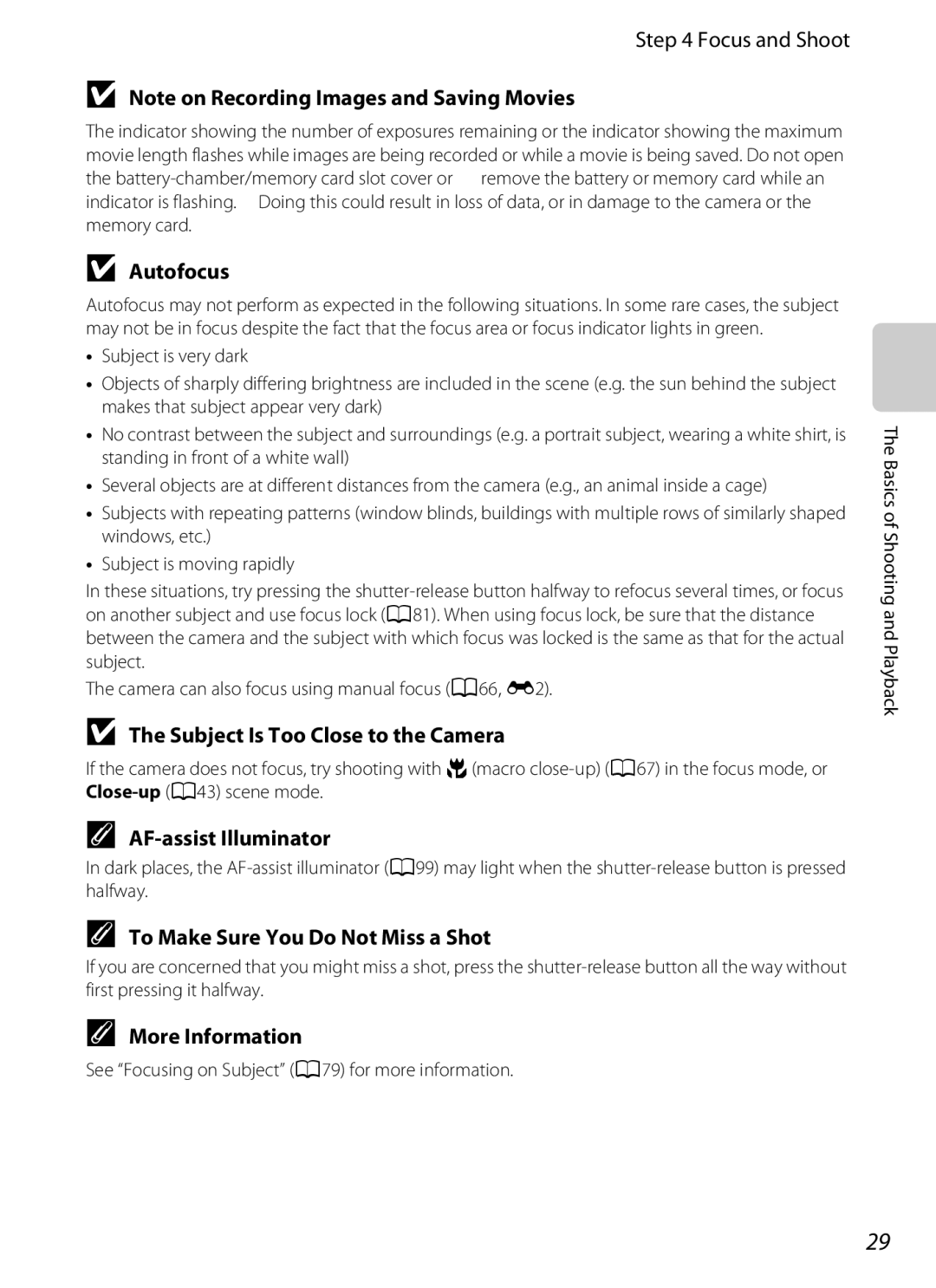 Nikon P310 manual Focus and Shoot, Autofocus, Subject Is Too Close to the Camera, AF-assist Illuminator 