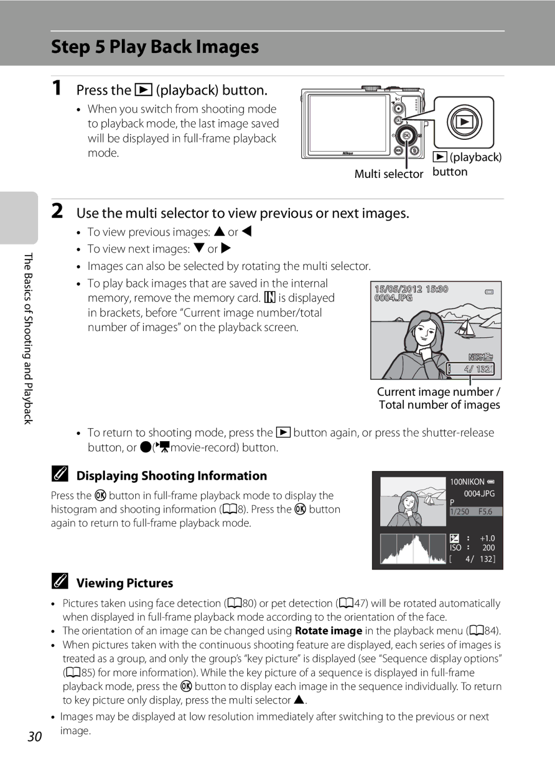 Nikon P310 manual Play Back Images, Press the cplayback button, Use the multi selector to view previous or next images 