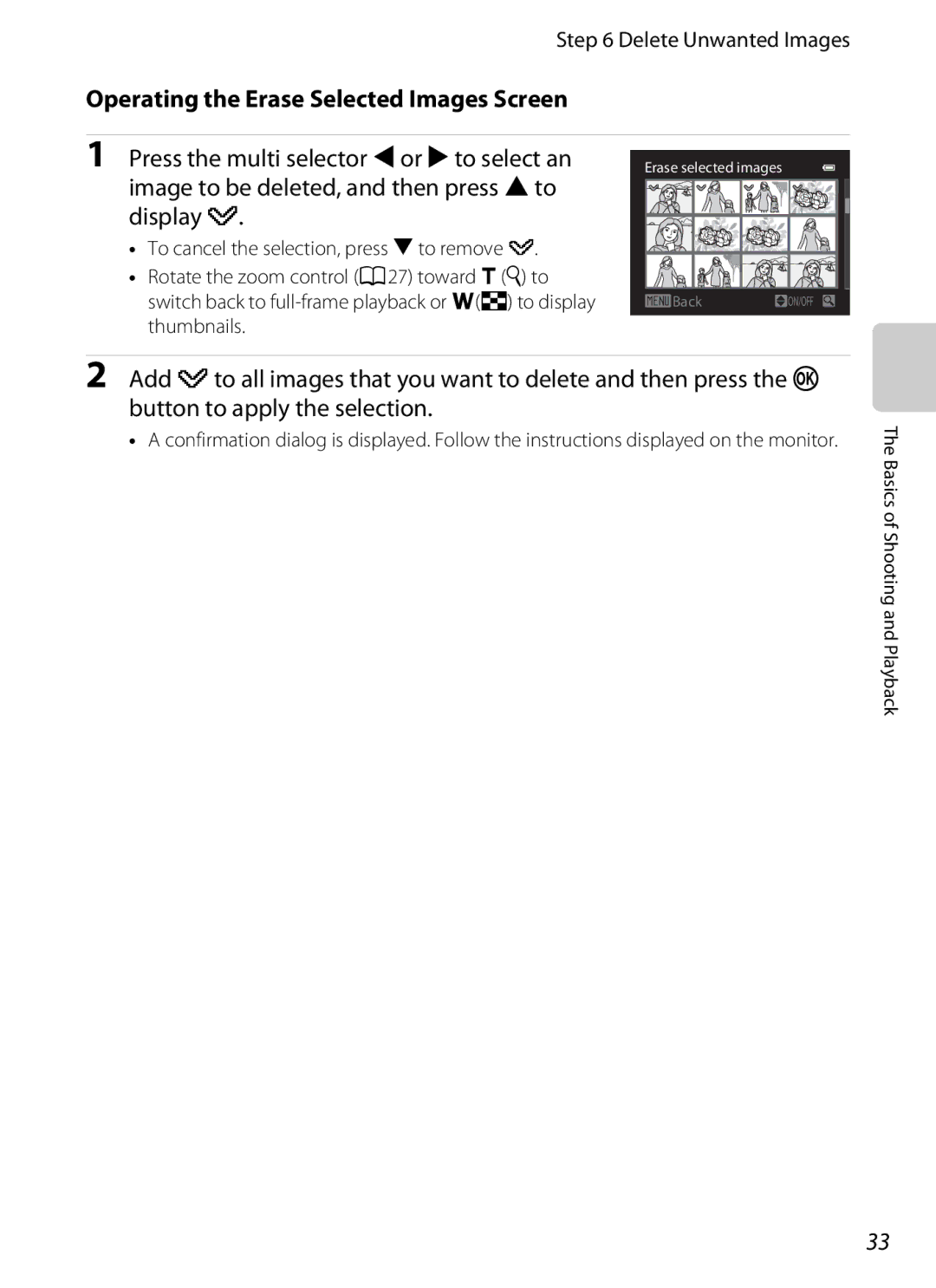 Nikon P310 manual To cancel the selection, press Ito remove y, Operating the Erase Selected Images Screen 