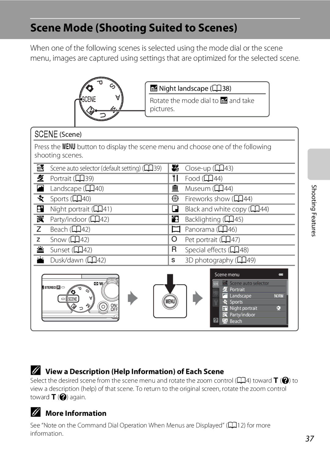 Nikon P310 manual Scene Mode Shooting Suited to Scenes, View a Description Help Information of Each Scene, Close-up a 