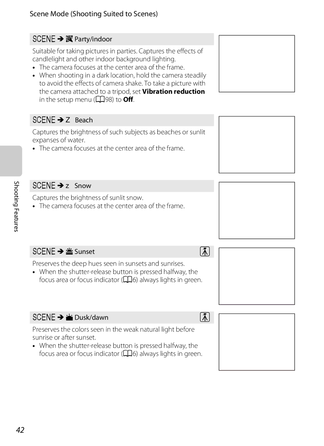 Nikon P310 manual YMf Party/indoor, YMh Sunset, Preserves the deep hues seen in sunsets and sunrises, YMi Dusk/dawn 