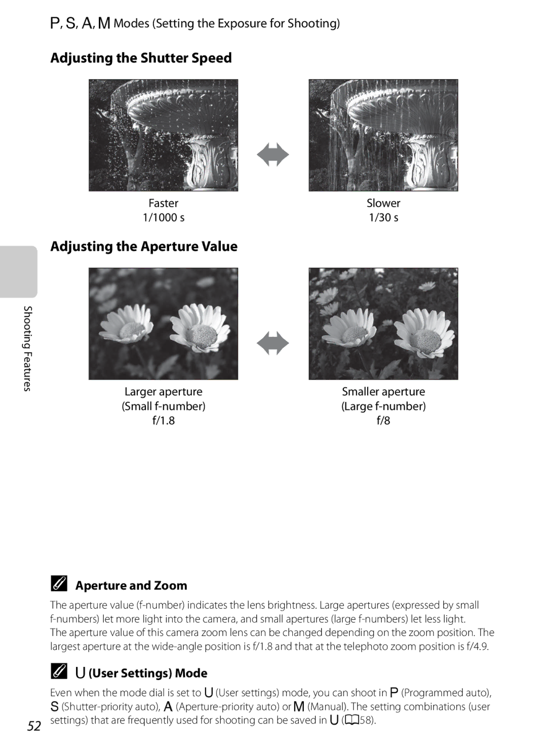 Nikon P310 manual Adjusting the Shutter Speed, Adjusting the Aperture Value, C, D Modes Setting the Exposure for Shooting 