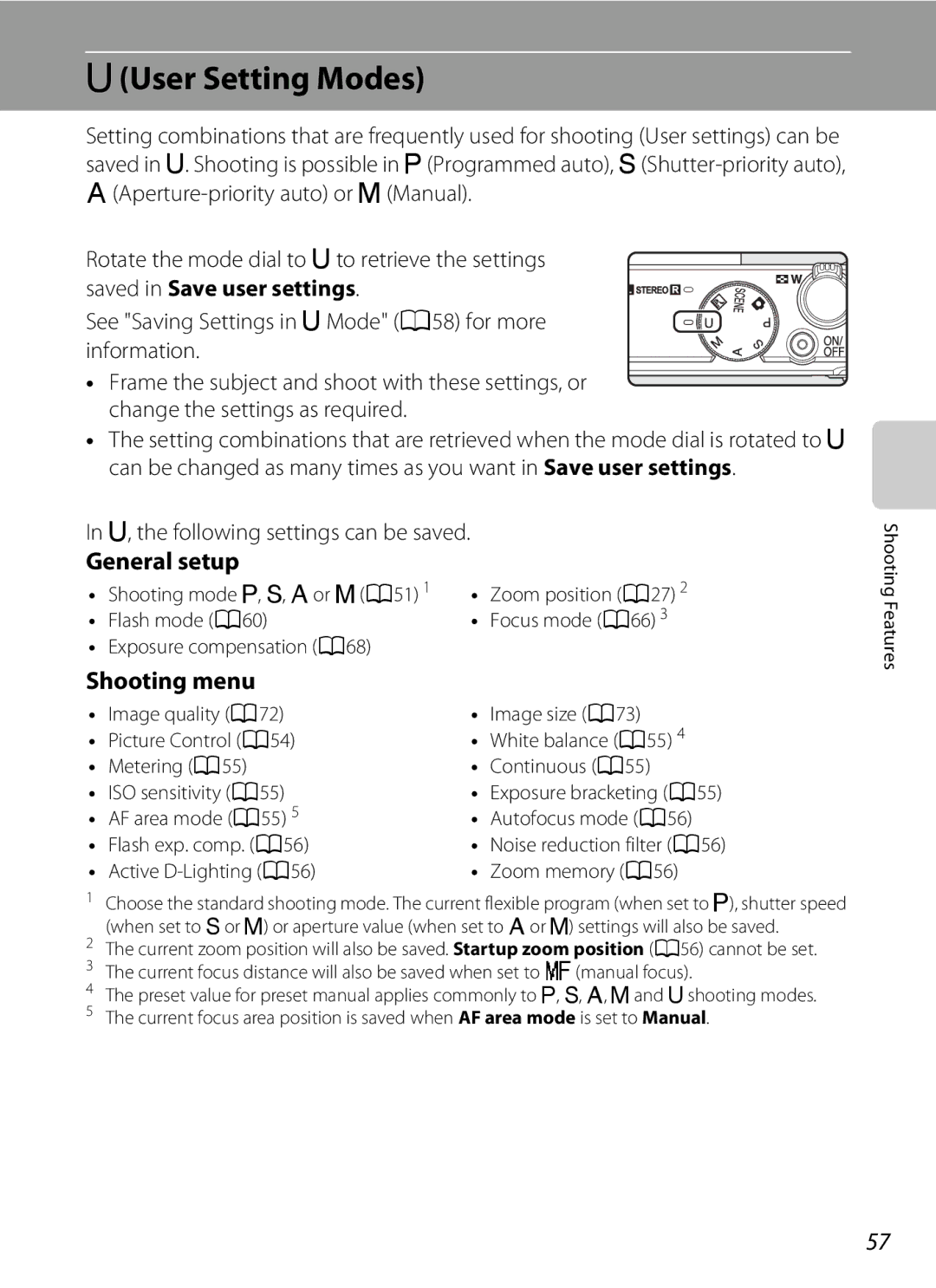 Nikon P310 User Setting Modes, General setup, Shooting menu, Shooting mode A, B, C or D a 51, Flash mode a Focus mode a 66 