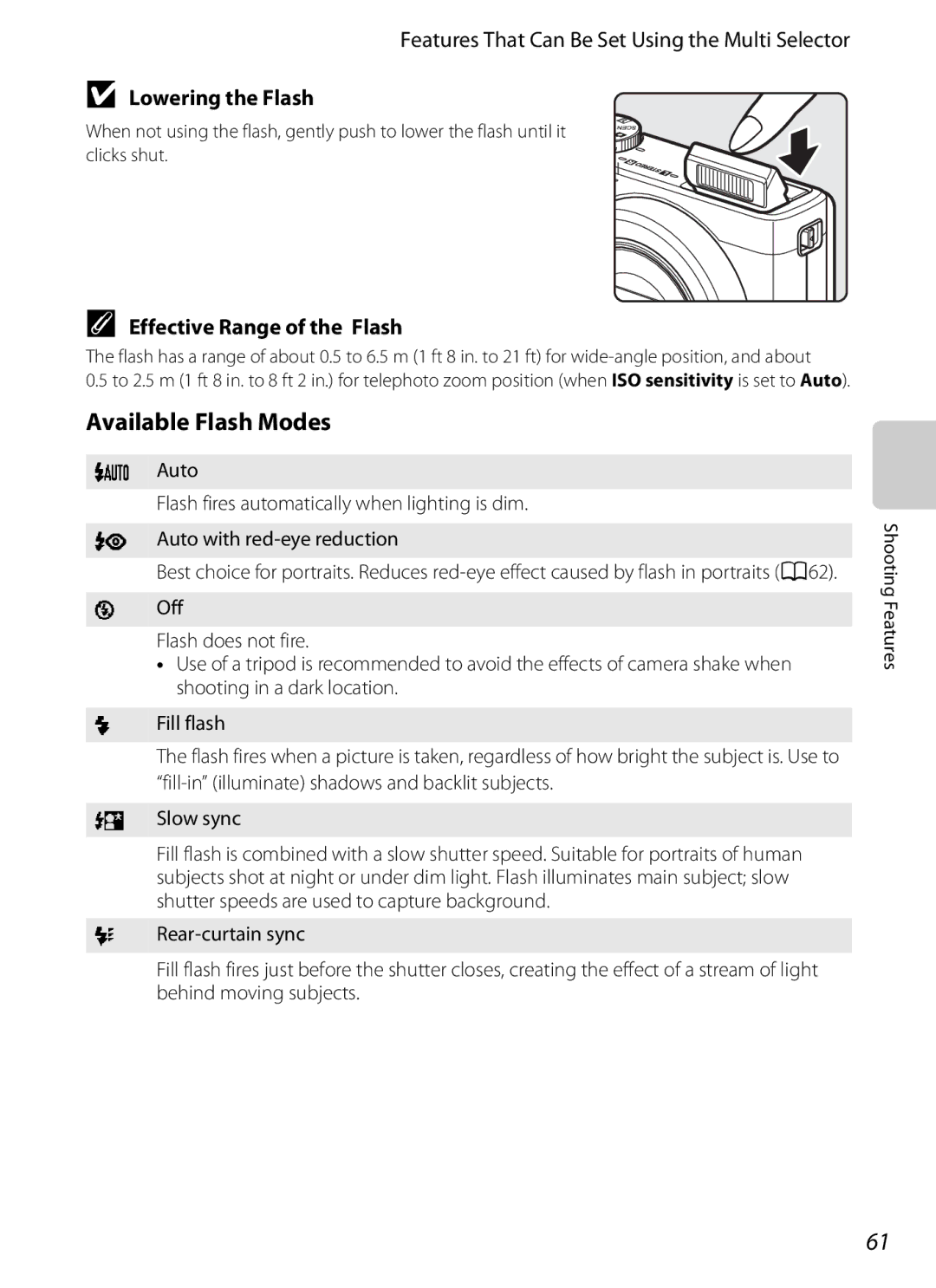 Nikon P310 manual Available Flash Modes, Lowering the Flash, Effective Range of the Flash 