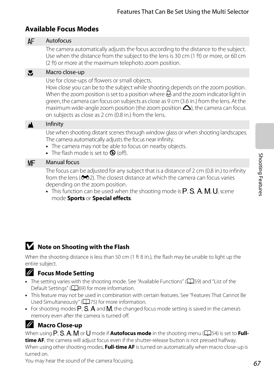 Nikon P310 manual Available Focus Modes, Focus Mode Setting, Macro Close-up, Autofocus, Infinity 