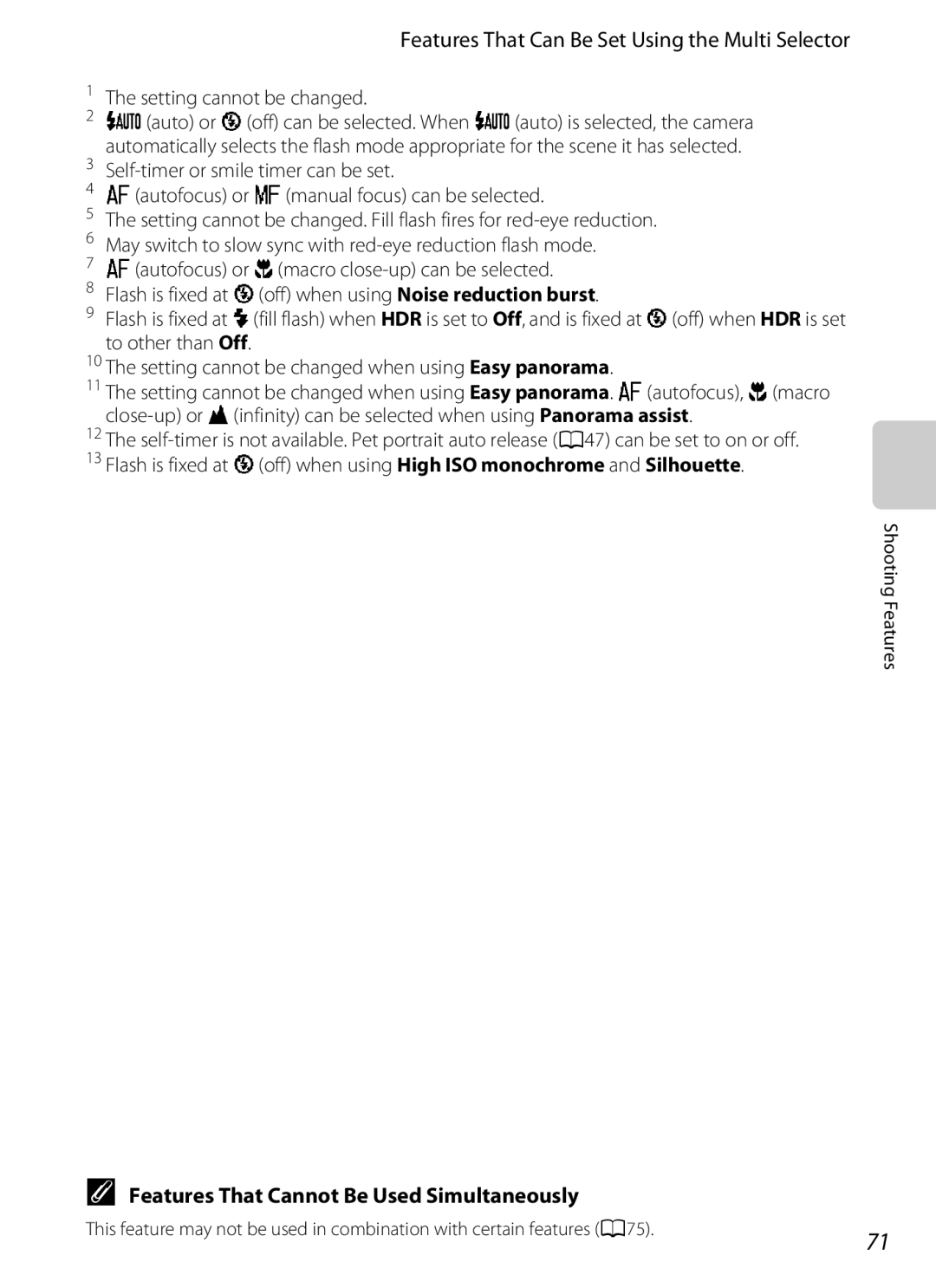 Nikon P310 manual Features That Can Be Set Using the Multi Selector, Setting cannot be changed 