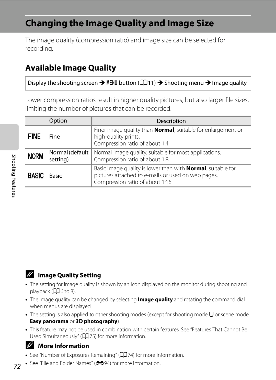 Nikon P310 manual Changing the Image Quality and Image Size, Available Image Quality, Image Quality Setting 