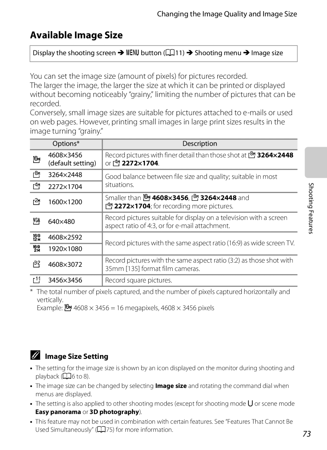 Nikon P310 manual Available Image Size, Changing the Image Quality and Image Size, Image Size Setting 