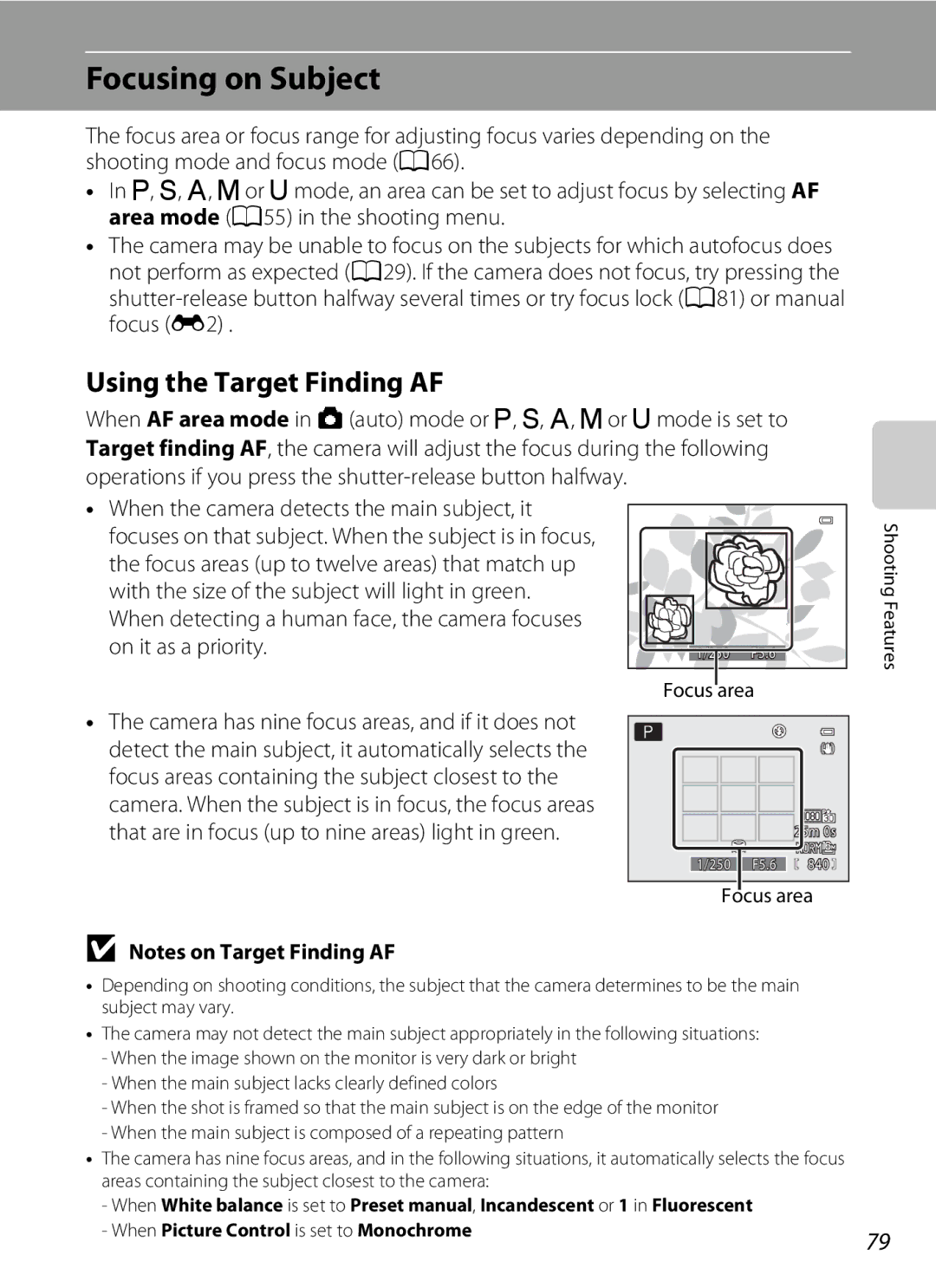 Nikon P310 manual Focusing on Subject, Using the Target Finding AF, Focus area 