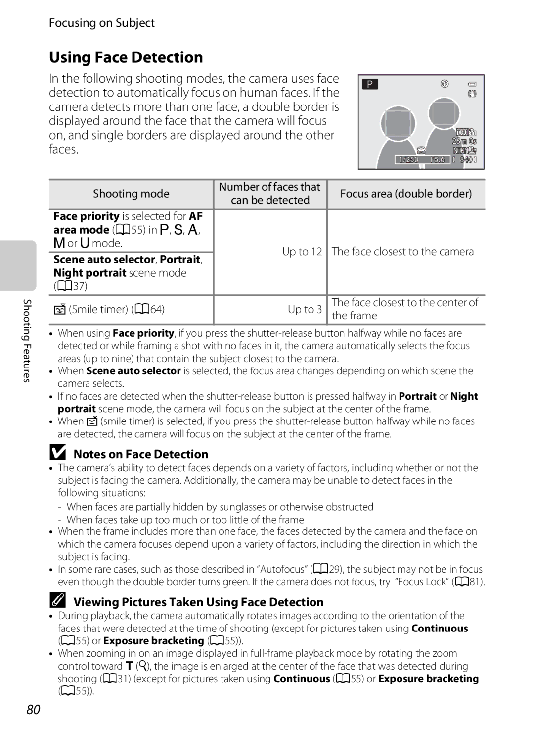 Nikon P310 manual Focusing on Subject, Viewing Pictures Taken Using Face Detection, Night portrait scene mode 