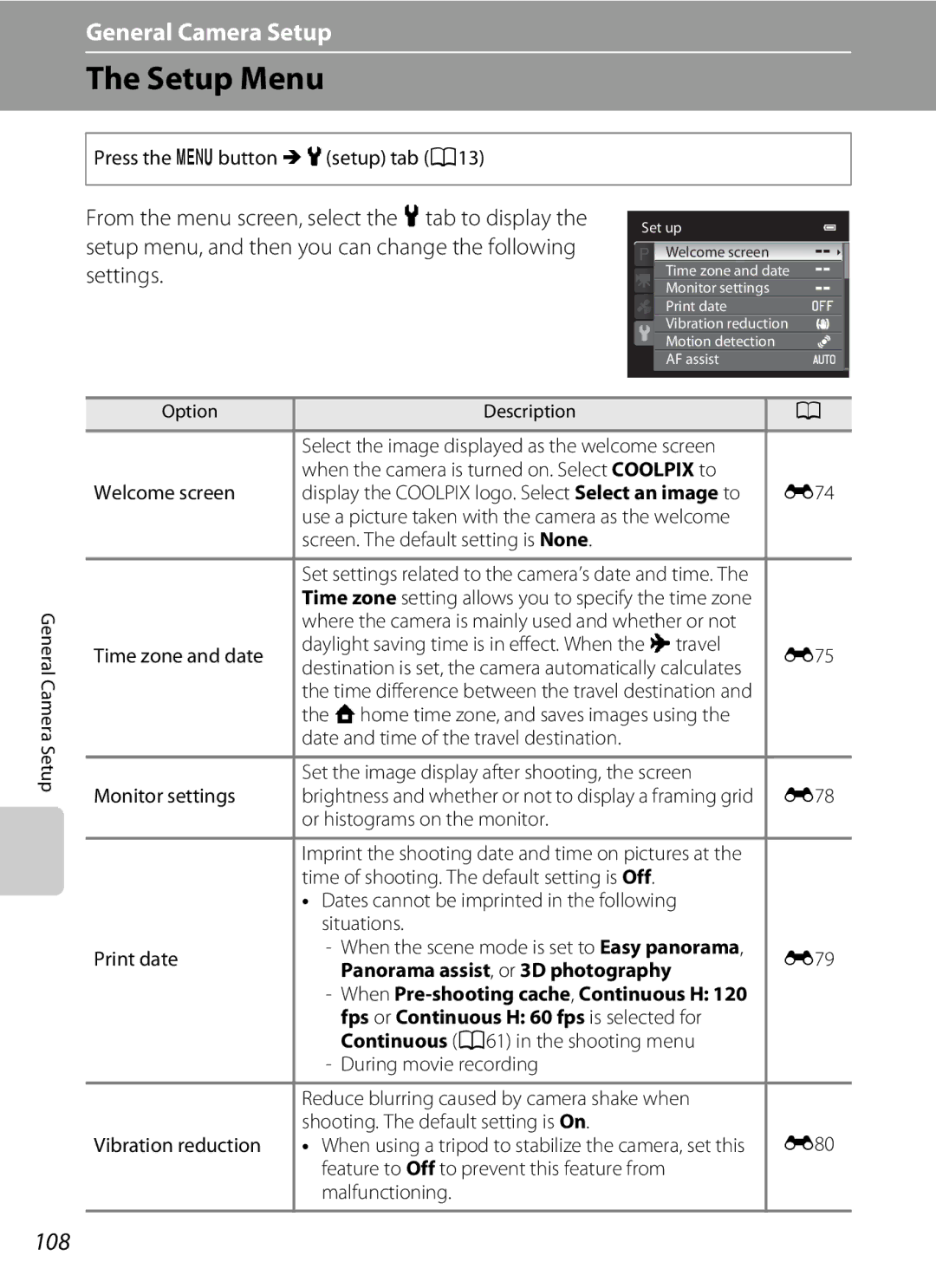 Nikon COOLPIXP510BLK, COOLPIXP510RED manual Setup Menu, 108, Panorama assist, or 3D photography 