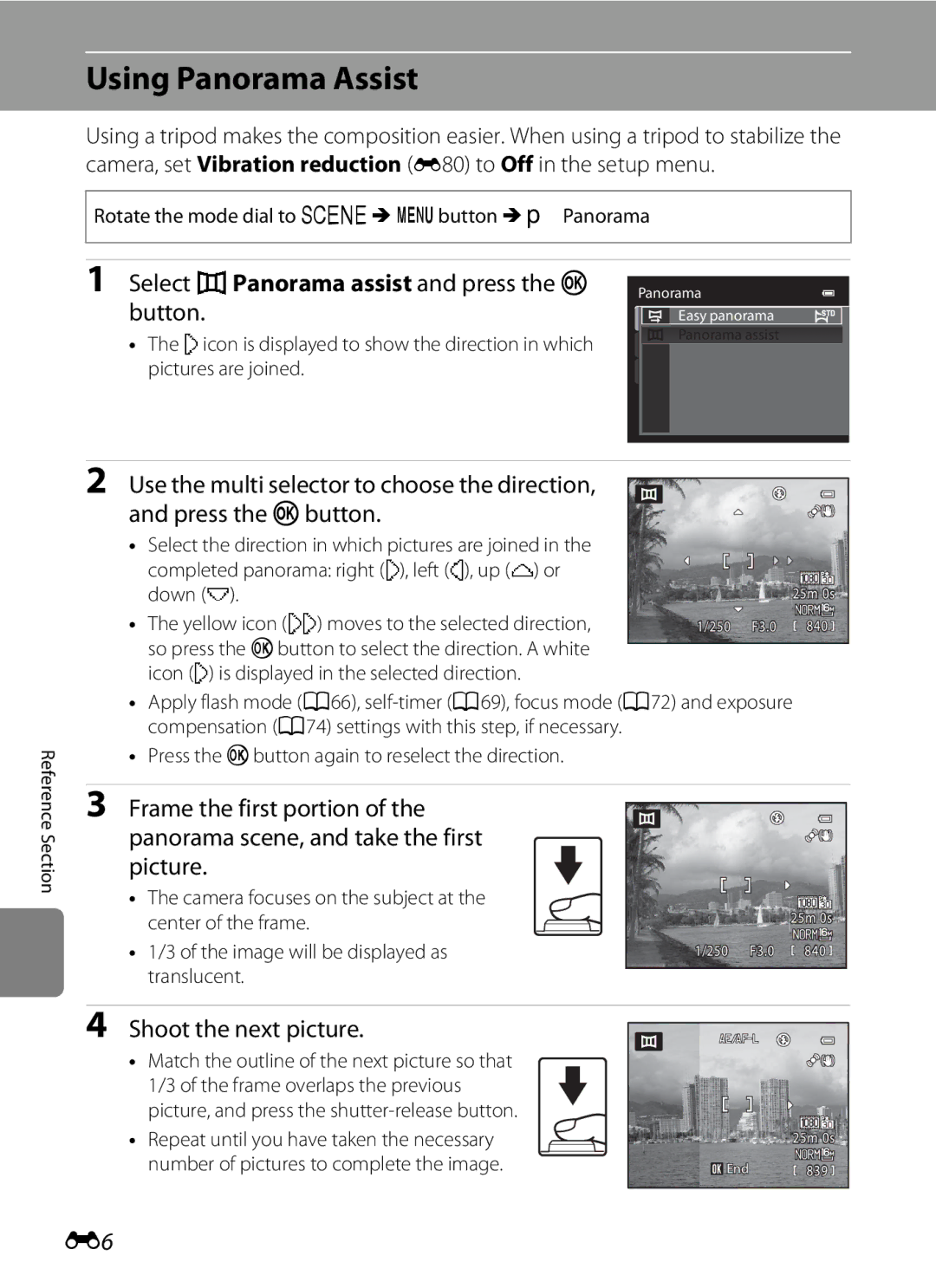 Nikon COOLPIXP510BLK manual Using Panorama Assist, Select UPanorama assist and press the k button, Shoot the next picture 