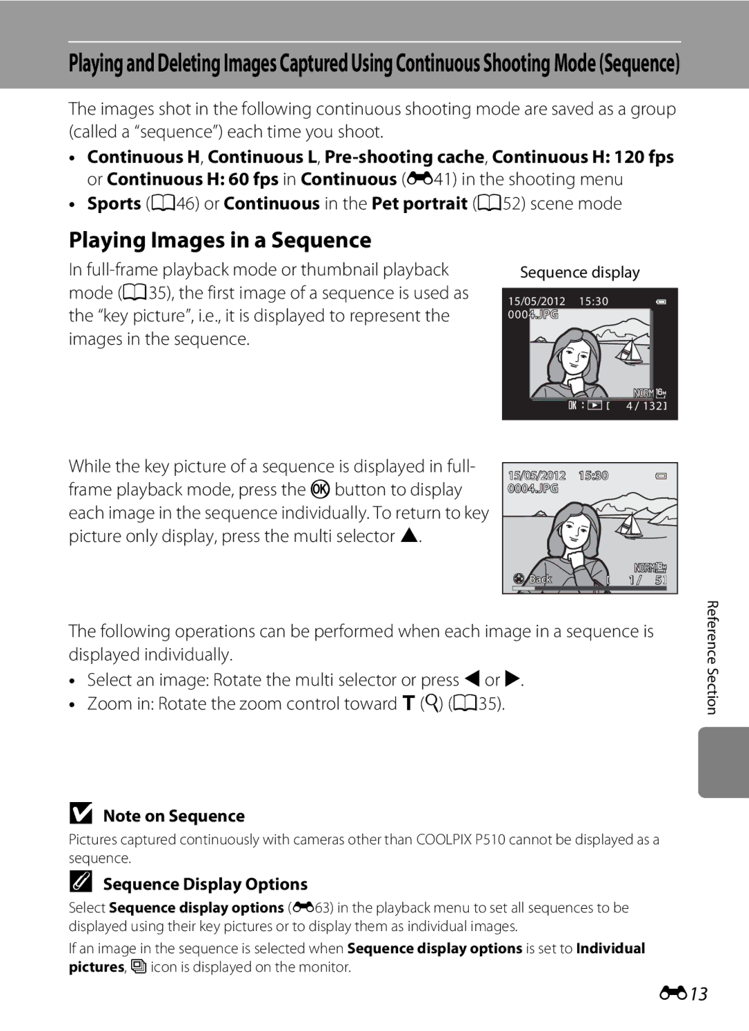 Nikon COOLPIXP510RED, COOLPIXP510BLK manual Playing Images in a Sequence, E13, Sequence Display Options, Sequence display 
